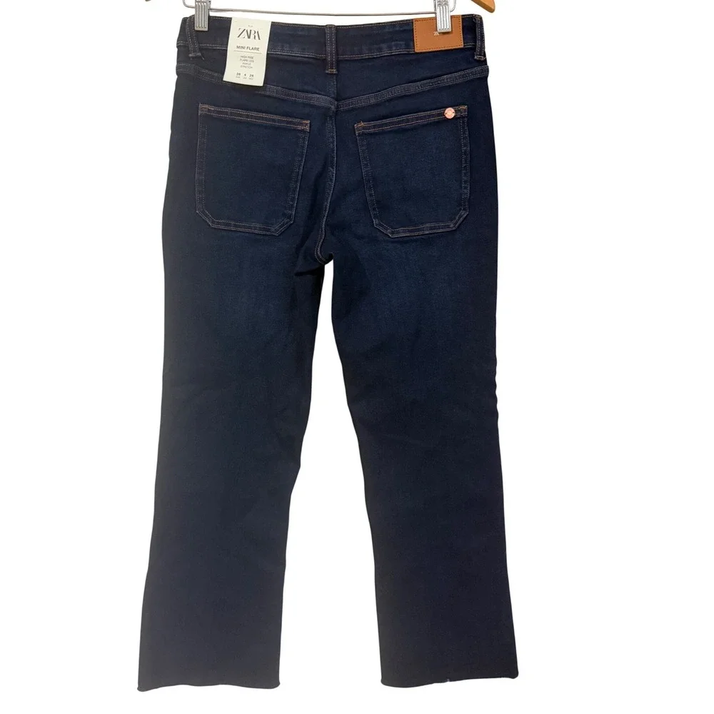 Zara Womens Jean Size 4 Mini Flare High Rise‎ Patch Pockets Dark Wash Ankle NWT